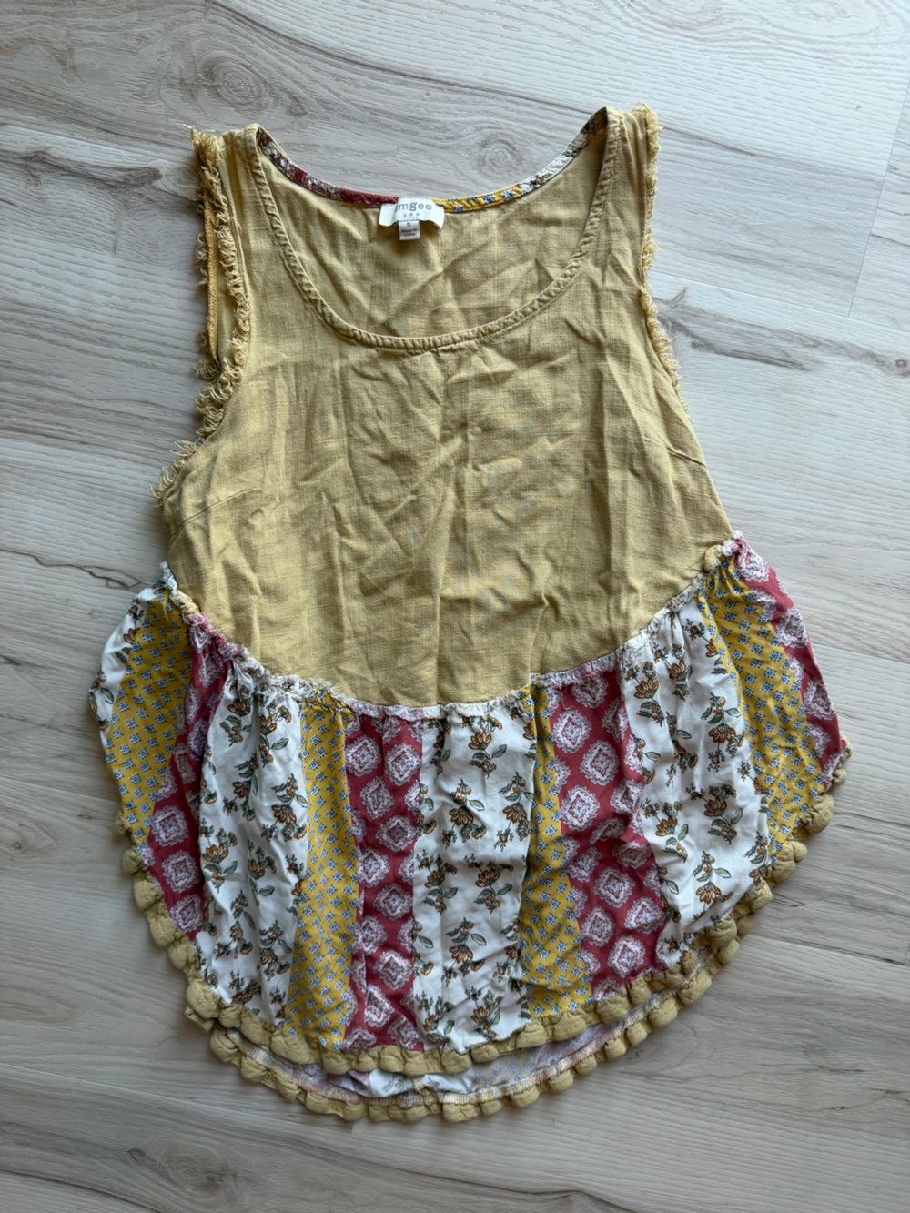 Umgee Yellow Tank Top with Red and White Patchwork Hem